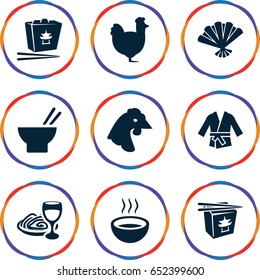 Chinese icons set. set of 9 chinese filled icons such as chicken, chinese fast food, asian food, pasta and wine glass, soup, fan