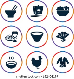 Chinese icons set. set of 9 chinese filled icons such as chicken, chinese fast food, asian food, pasta and wine glass, soup, fan, food, bowl
