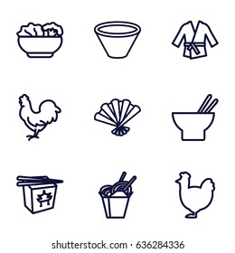 Chinese icons set. set of 9 chinese outline icons such as chicken, chinese fast food, asian food, fan, food, bowl