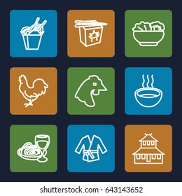 Chinese icons set. set of 9 chinese outline icons such as chicken, temple, chinese fast food, pasta and wine glass, soup, food
