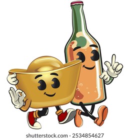 chinese Imperial golden ingot gold money isolated vector cartoon illustration with bottle beer ice character while giving a sign and giving an ok sign, work of hand drawn