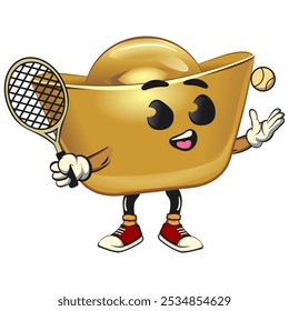 chinese Imperial golden ingot gold money isolated vector cartoon illustration playing tennis, work of hand drawn