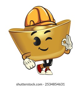 chinese Imperial golden ingot gold money isolated vector cartoon illustration wear a construction worker's helmet, work of hand drawn