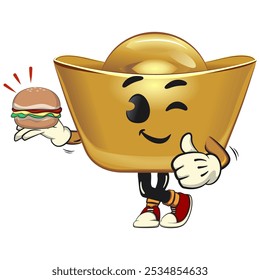 chinese Imperial golden ingot gold money isolated vector cartoon illustration carrying a burger while giving a thumbs up, work of hand drawn