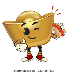 chinese Imperial golden ingot gold money isolated vector cartoon illustration with hotdog, work of hand drawn