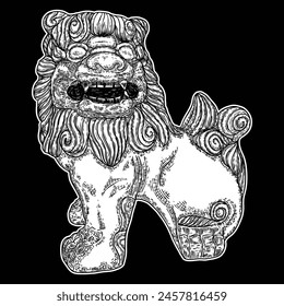 Chinese Imperial guardian lion drawing. Traditional Chinese architectural statue ornament made of decorative stone, such as marble and granite or cast in bronze or iron. Vector.