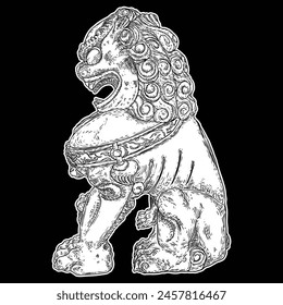 Chinese Imperial guardian lion drawing. Traditional Chinese architectural statue ornament made of decorative stone, such as marble and granite or cast in bronze or iron. Vector.