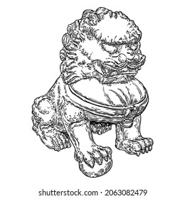 Chinese Imperial guardian lion. Used in palaces and tombs, temples, and the homes for powerful mythic protective benefits. Symbolic at the entrances and doors. Carved from decorative stone. Vector.