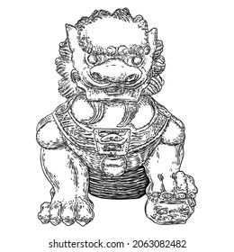 Chinese Imperial guardian lion. Used in palaces and tombs, temples, and the homes for powerful mythic protective benefits. Symbolic at the entrances and doors. Carved from decorative stone. Vector.