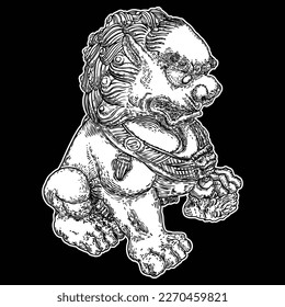 Chinese Imperial lion statue made of marble, traditional stone carving sculpture of China, the symbol of protection and power. Antique lion carving. Symbolic elements at the entrances. Vector. 