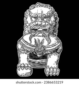 Chinese Imperial lion statue made of marble, traditional stone carving sculpture of China, the symbol of protection and power. Antique lion carving. Symbolic elements at the entrances. Vector. 
