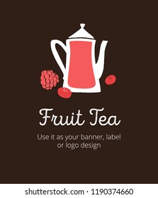 Chinese or Indian tea illustration on banner or card. Fruit tea in flat style on dark brown background. Vector flat design graphic illustration.