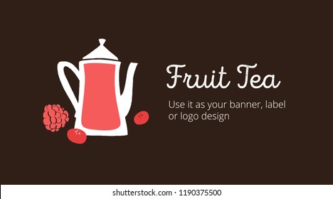 Chinese or Indian tea illustration on banner or card. Fruit tea in color flat style on dark brown background. Vector design graphic illustration.