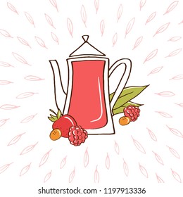 Chinese or Indian tea illustration on banner or card. Fruit tea in hand-drawn style on wight background with doodle outline tea leaves. Vector flat design graphic illustration.