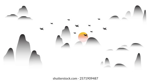 Chinese ink landscape painting design vector illustration. Eps 10. 