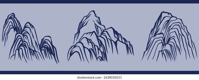 Chinese Ink Mountain Range Line Drawing Vector – Ancient Style Landscape Illustration for Wuxia, Fantasy, and Oriental Background Elements