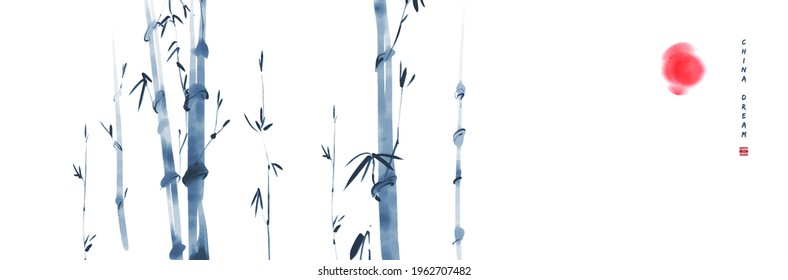 Chinese ink painted background with bamboo and sun. China dream.