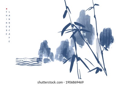 Chinese ink painted background with far away mountains and bamboo. China dream.