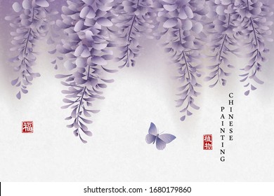 Chinese ink painting art background plant elegant flower Chinese Wisteria and butterfly. Chinese translation : Plant and Blessing. svg