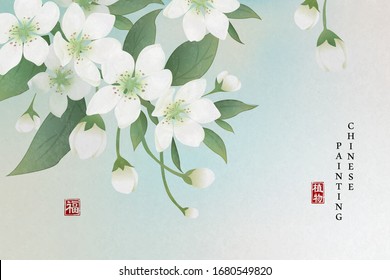 Chinese ink painting art background plant elegant flower pear blossom. Chinese translation : Plant and Blessing.