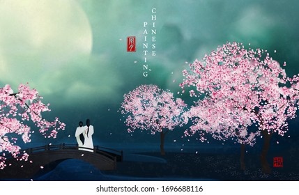 Arte de tintas chinas fondo elegante vista del paisaje de los amantes de la luna y el árbol de flores en un puente de noche. Traducción china : Luna de Viento y Bendición.