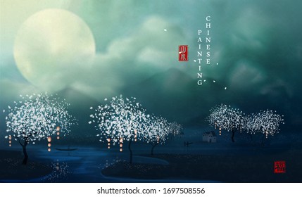 Chinese ink painting art background elegant landscape view of idyllic beautul land with full moon mountain surrounded by cloud at night. Chinese translation : Landscape and Blessing.