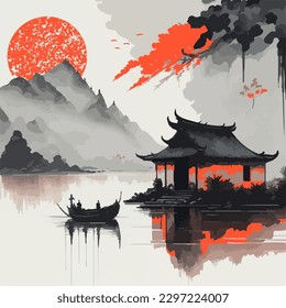 Chinese ink painting with temple, boat, lake and sun. 