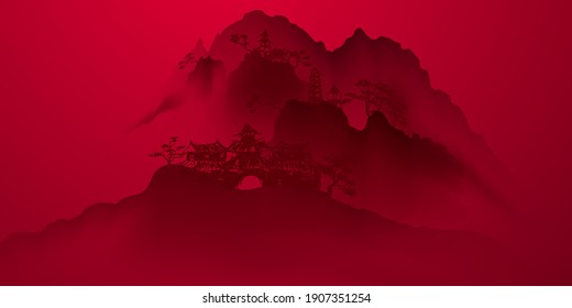 Chinese ink and water landscape painting Happy chinese new year banner card