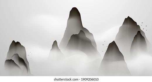 Chinese ink and water landscape painting Happy chinese new year banner card