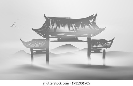 Chinese ink and water landscape painting banner background Chinese door