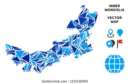 Chinese Inner Mongolia map mosaic of blue triangle elements in different sizes and shapes. Vector triangles are combined into geographic Chinese Inner Mongolia map mosaic.