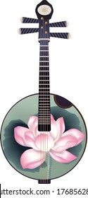 Chinese instrument lute vector illustration, Lotus pattern, Four string instrument