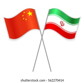 Chinese and Iranian crossed flags. China combined with Iran isolated on white. Language learning, international business or travel concept.