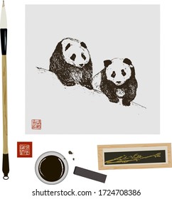 Chinese or japanese art set with brush, ink, stamp and panda traditional chinese painting isolated vector illustration. Hyeroglyph means good wishes.