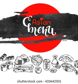 Chinese Japanese Asian Cuisine With Symbol Of Food Cut Out Of Paper, Vector Illustration, Ink Brush Background