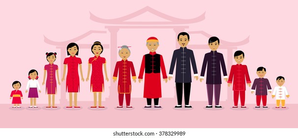 Chinese, japanese asian family. Woman and man and child design flat. Asia illustration.