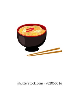 Chinese, Japanese, Asian noodle soup in bowl and couple of chopsticks, cartoon vector illustration isolated on white background. Bowl of chicken noodle soup and chopsticks, Asian fast food