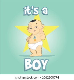 Chinese and Japanese baby boy, Greeting card it is a boy on star background cartoon vector illustration
