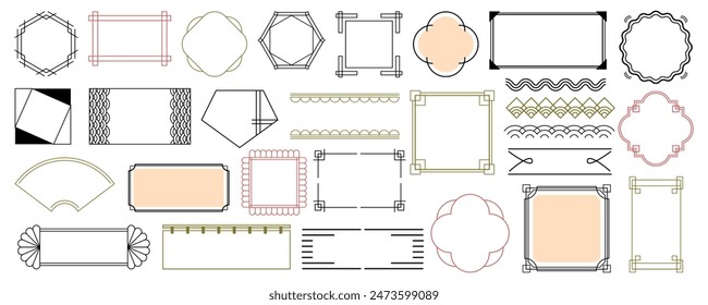 Chinese and Japanese borders and empty frames. Vector isolated set of minimalist asian style decoration with lines and waves, corners and hexagonal or rounded geometric shapes for copy space