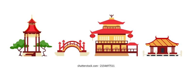 Chinese and japanese buildings, ancient temple, pagoda, bridge and shrine. Realistic asian old architecture in traditional style. Ancient china houses set. Vector illustration