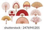 Chinese and Japanese cartoon fans set. Red, white and gold paper retro open fans collection, tradition of Japan mascots, cartoon traditional oriental souvenir and decoration vector illustration