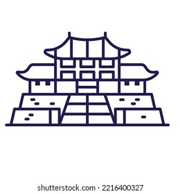 Chinese or Japanese castle icon. Asian palace or manor building in line art style.