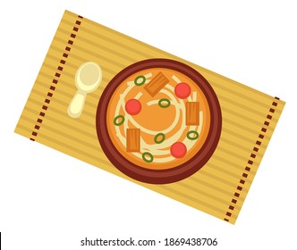 Chinese and japanese cuisine, restaurant food served on table in bowl. Ramen or noodle soup with vegetables and natural ingredients. Cooked thai dish in diner. Homemade meal. Vector in flat style