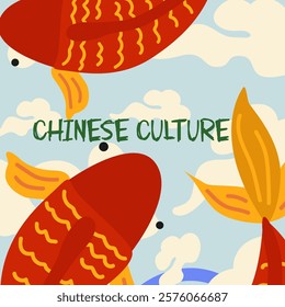 Chinese and Japanese cute retro wallpaper design with koi fish carp. Design illustration for decoration, wall decor, banner, website. Chinese culture. Vector flat illustration