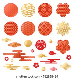 Chinese And Japanese Decorative Icons, Clouds, Flowers And Patterns. Vector Illustration. Peony, Geometric Ornaments In Traditional Red And Gold Colors