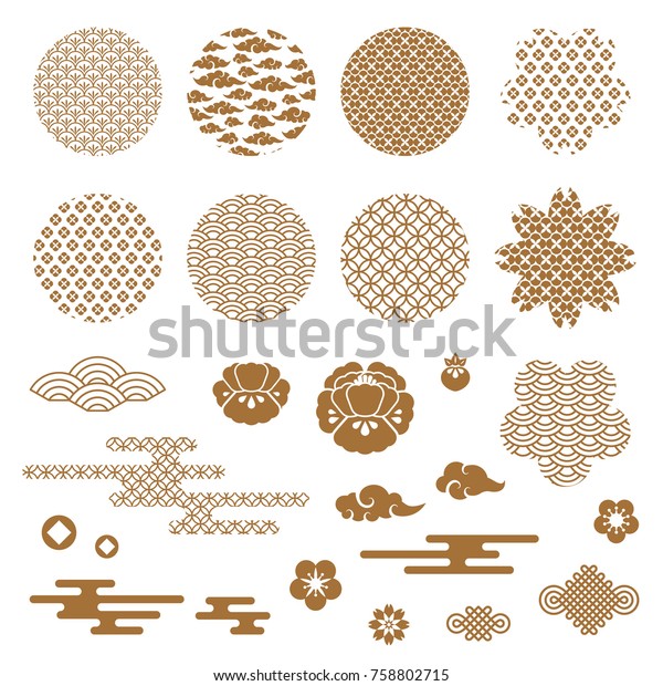 Chinese and japanese decorative icons, clouds,\
flowers and patterns. . Vector Illustration. Peony and geometric\
ornaments