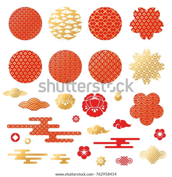 中国と日本の装飾アイコン 雲 花 柄 ベクターイラスト 牡丹色の幾何学的な装飾で 伝統的な赤と金色の色を使う のベクター画像素材 ロイヤリティフリー