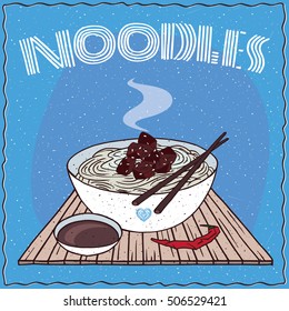 Chinese or Japanese dish of transparent noodles and beef, known as Glass noodles or Harusame, in bowl on wooden mat with chopsticks. Nearby soy sauce. Hand drawn. Vector illustration