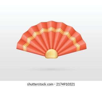 Chinese or Japanese fan paper of red color with golden ornament realistic 3d design isolated on white background. Red eastern silk fan element. Vector illustration