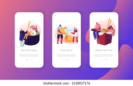 Chinese or Japanese Food Mobile App Page Onboard Screen Set. People Visiting Asian Restaurant Eating Noodles with Sticks. Wish Cookie Concept for Website or Web Page. Cartoon Flat Vector Illustration